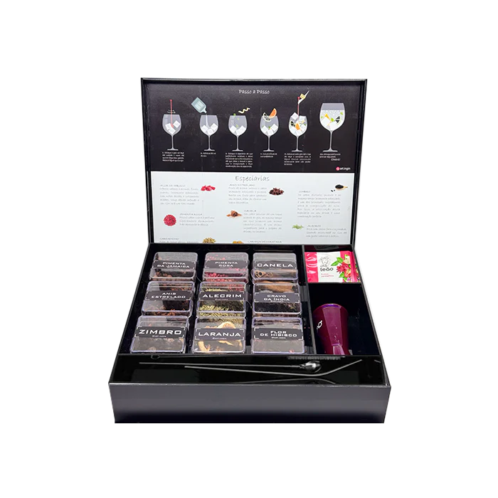 Kit Gin Premium M: 9 especiarias + Dosador + Colher Bailarina + Taça Térmica a Vácuo para Gin PRETA - 530ML