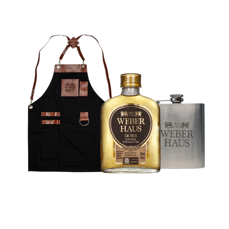 Kit com Cachaça 6 Anos 160ml, Cantil e Avental Weber Haus